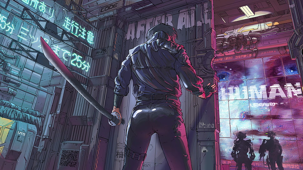 man holding sword illustration, futuristic, cyberpunk, artwork, Ghost in the Shell HD wallpaper