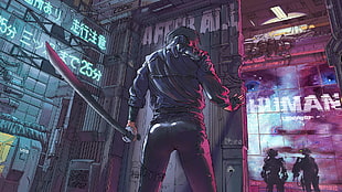 man holding sword illustration, futuristic, cyberpunk, artwork, Ghost in the Shell