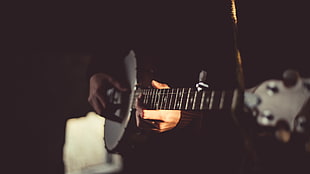 black electric guitar, banjo, hands, musical instrument