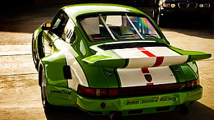green and white John James Racing car, car, Porsche, green cars