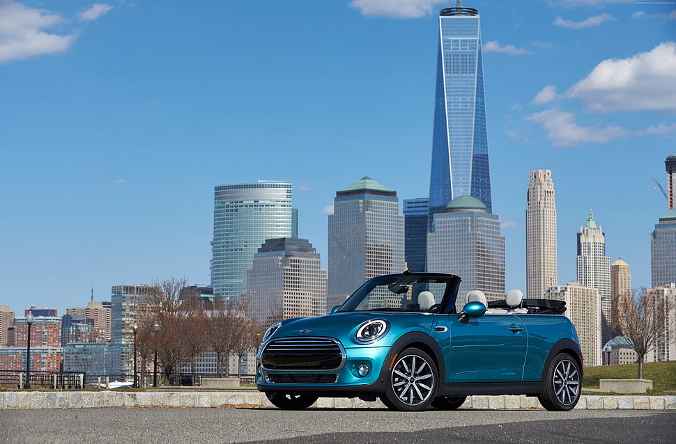 blue Mini Cooper convertible parked on road during daytime HD wallpaper