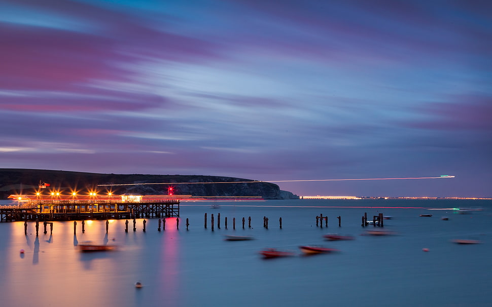 illuminated pier photo, nature, sea, lights HD wallpaper