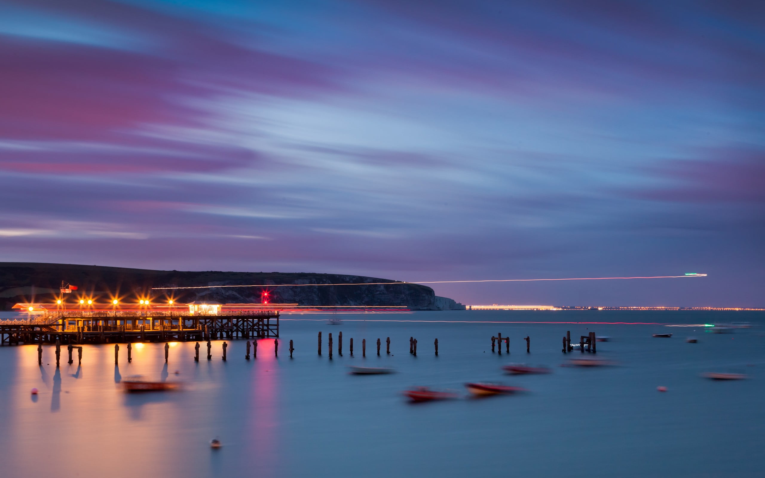 illuminated pier photo, nature, sea, lights