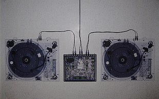 two gray-and-black turntables illustration, turntables HD wallpaper