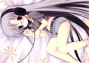gray-haired female anime wearing headphones laying