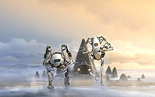 two gray robot illustration, Portal 2, Portal (game) HD wallpaper