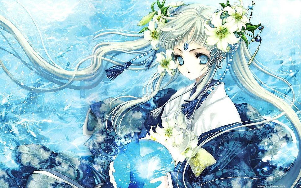 white haired female anime character in white and blue kimono digital illustration HD wallpaper