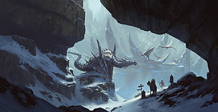 monster on mountain illustration, artwork, fantasy art, digital art, dragon