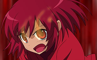 red haired female character wearing red top illustration