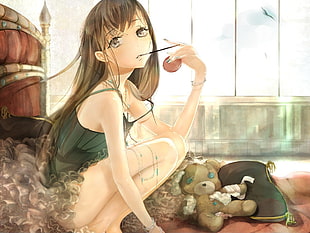 brown haired female anime character with bear plush toy