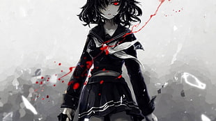 female anime character with red eye digital wallpaper, Aoiakamaou, sailor uniform, gun, blood