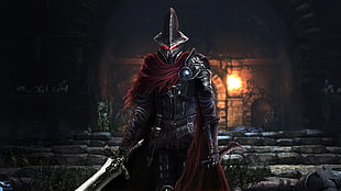 man wearing red cloak and black armor wallpaper HD wallpaper