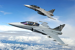 close up photo of two gray fighter jets HD wallpaper