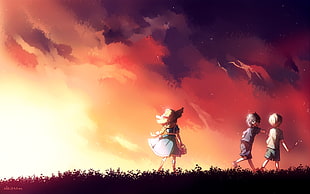 two boys and girl walking on grass field anime characters illustration