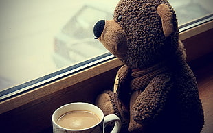 brown bear plush toy near cup of coffee HD wallpaper