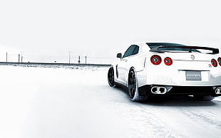 white and black car door, car, snow, vehicle, Nissan GT-R