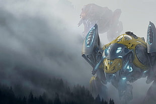 yellow and gray robot surrounded by mist wallpaper