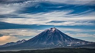 landscape photo of mountain under white clouds blue sky, koryaksky, kamchatka HD wallpaper