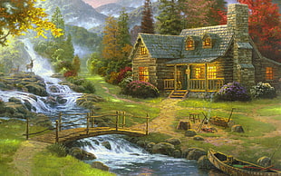 house near river painting, building, Thomas Kinkade, cottage, waterfall