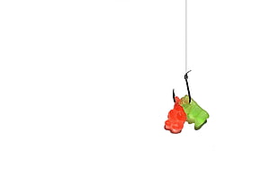 two green and red gummy bears, minimalism, digital art, fish hooks, sweets HD wallpaper
