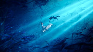 man swimming towards woman wearing white dress wallpaper HD wallpaper