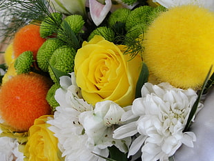yellow Rose flower and green, yellow, and orange ball Chrysanthemum flowers
