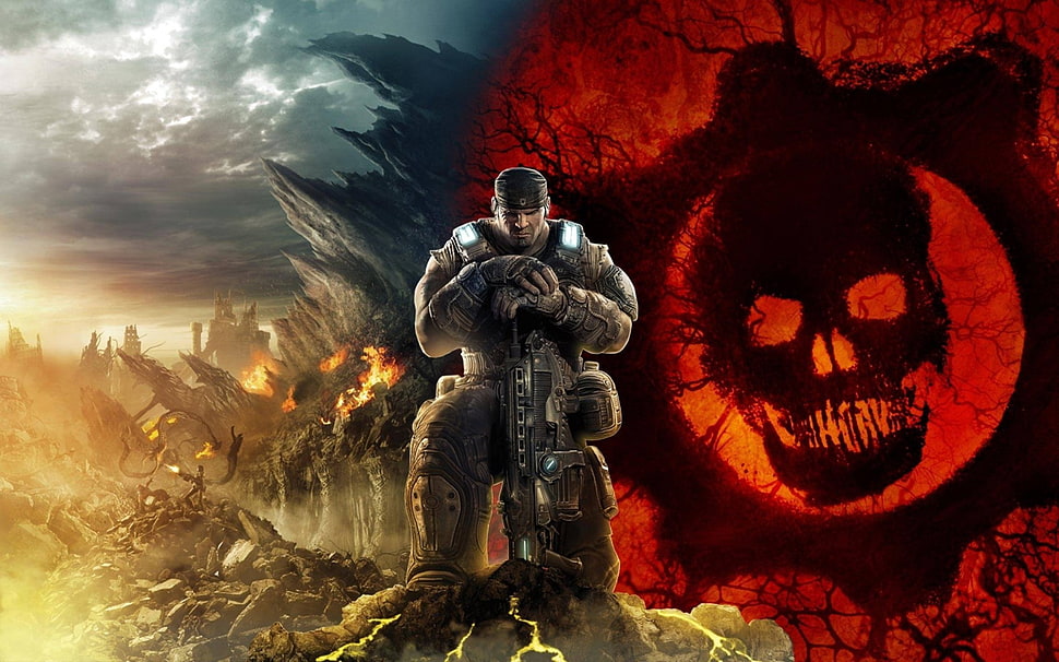 man holding rifle digital wallpaper, Gears of War, Gears of War 3, skull, video games HD wallpaper