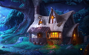 illustration of wooden cabin in the woods HD wallpaper