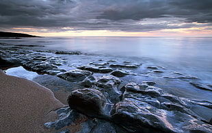 photograph of sea, water, rock, sand, sea HD wallpaper