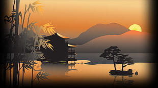 silhouette house in body of water, Abalone, artwork
