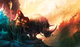 female warrior and rhinoceros wallpaper, fantasy art, warrior HD wallpaper