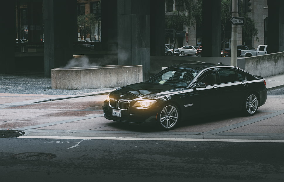 black BMW sedan, Auto, Black, Side view HD wallpaper