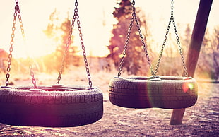 two vehicle tire swing chairs, tires, swings, chains, sunlight HD wallpaper