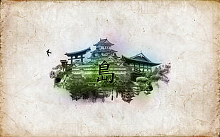 Kanji text and temple painting