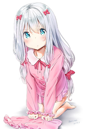 white haired female anime character illustration, Eromanga-sensei, Izumi Sagiri, pyjamas, white background