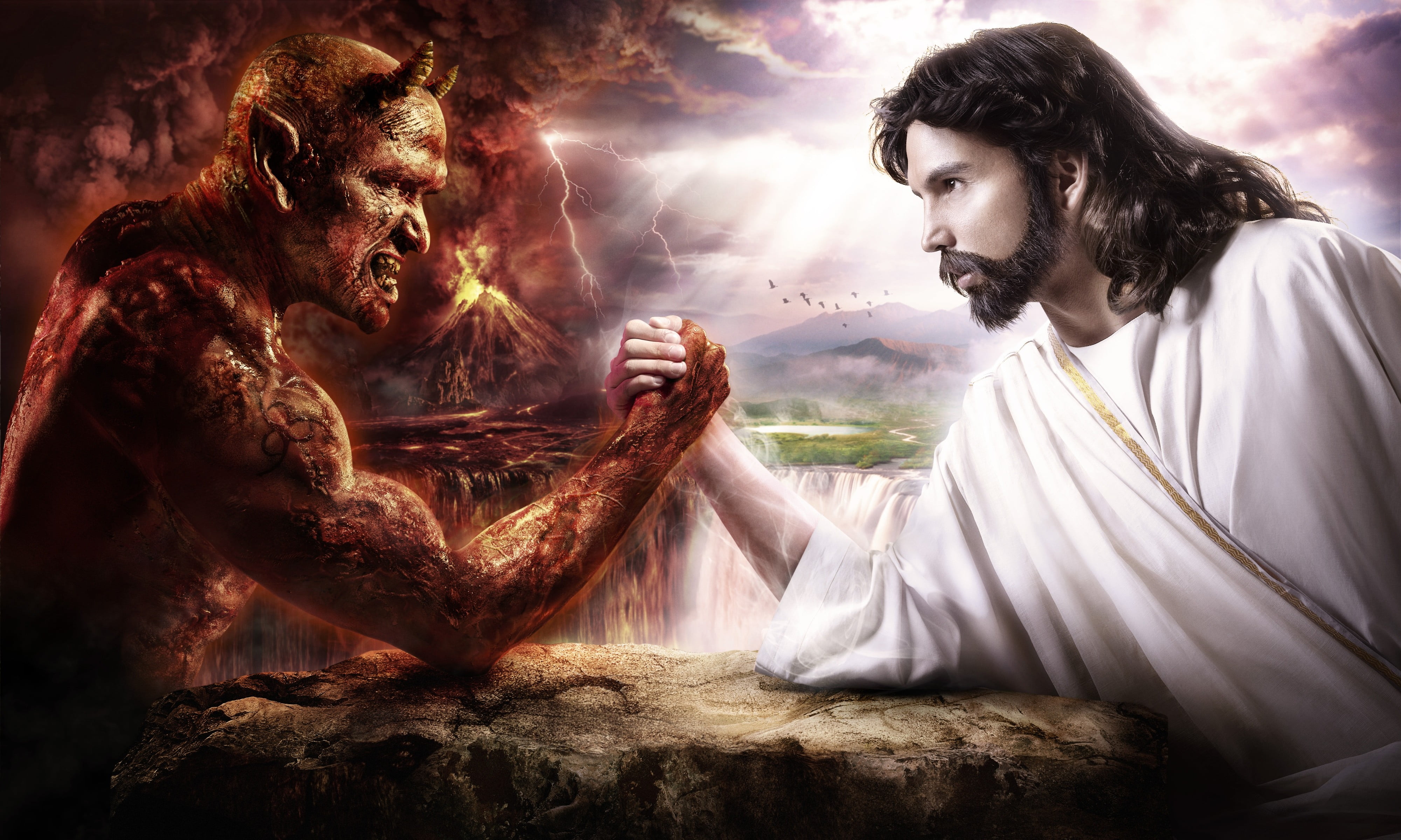 Jesus vs Devil digital wallpaper