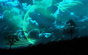 silhouette of trees, fantasy art, space, planet, planetary rings HD wallpaper