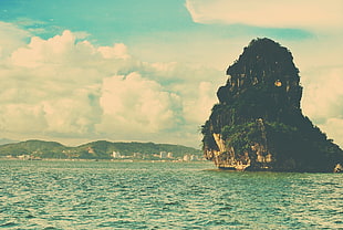 rock island, filter, rock, sea, far view HD wallpaper