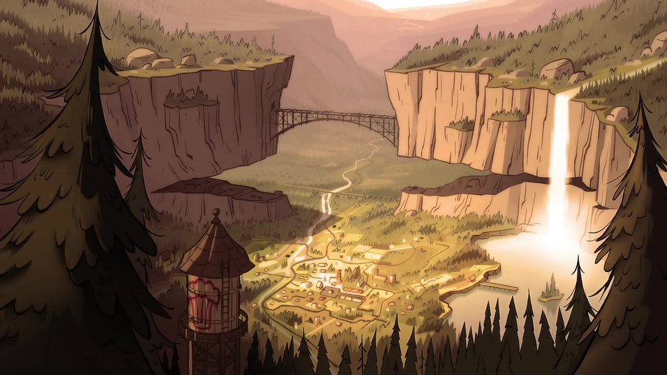 village near bridge and mountain animated wallpaper, Gravity Falls HD wallpaper