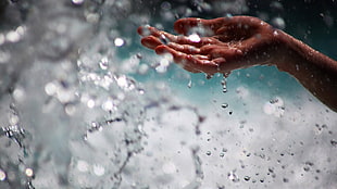 person's left hand, water, hands, water drops, splashes