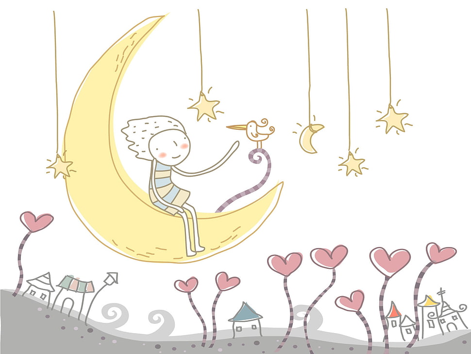 girl and bird on yellow moon illustration HD wallpaper