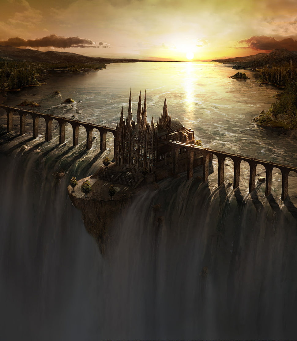 brown castle, fantasy art, castle, river, sunlight HD wallpaper