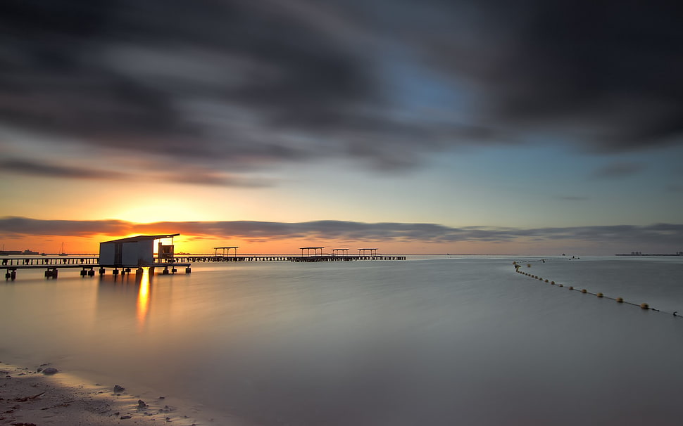 gray wooden dock, beach, sea, pier, sunlight HD wallpaper