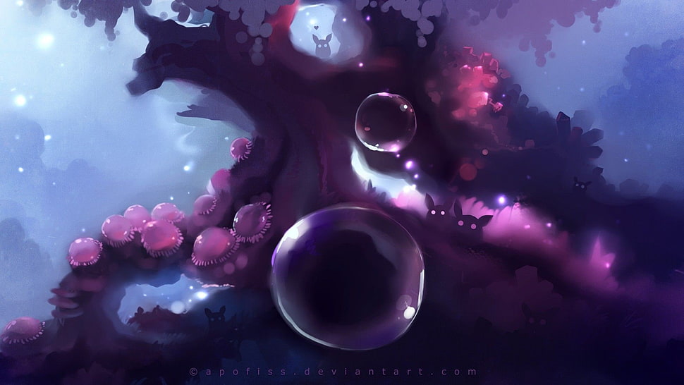 tree illustration, artwork, bubbles, trees, creature HD wallpaper