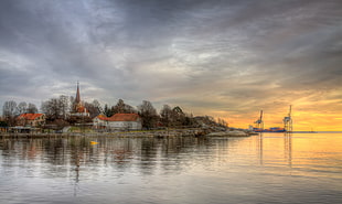 body of water, church, water, river, Larvik HD wallpaper