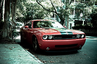 red Dodge Challenger coupe, car, muscle cars, Dodge, Dodge Challenger SRT