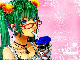 green haired female anime character digital wallpaper