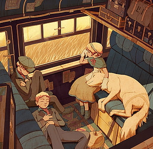 dog sleeping on the lap of the owner illustration, cartoon, train