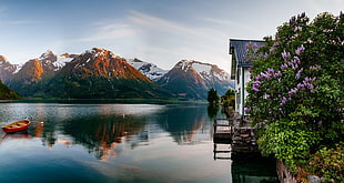 orange row boat, spring, fjord, Norway, mountains HD wallpaper