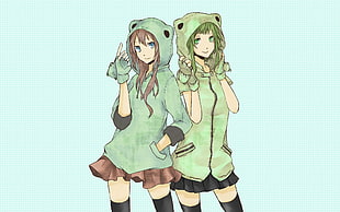 two female anime character wearing green hoodie illustration